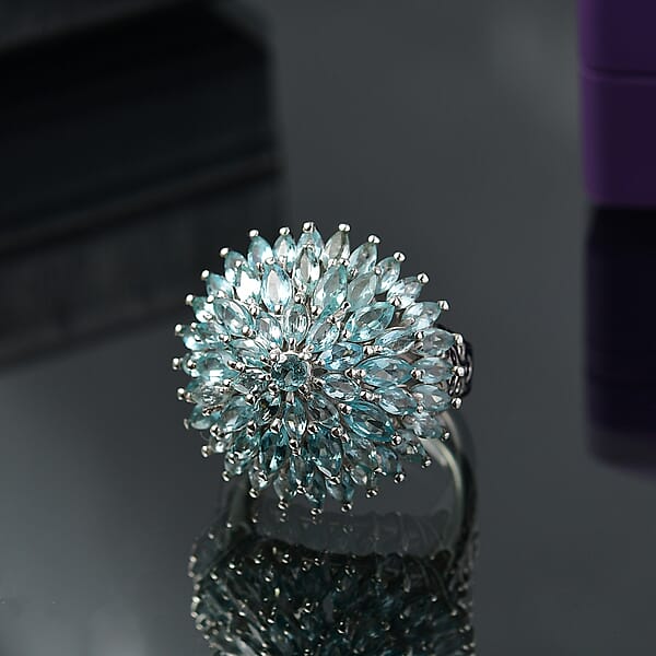 D'Joy Lagoon Apatite 5.85 Ctw Chrysanthemum Flower Ring In Rhodium Over Sterling Silver