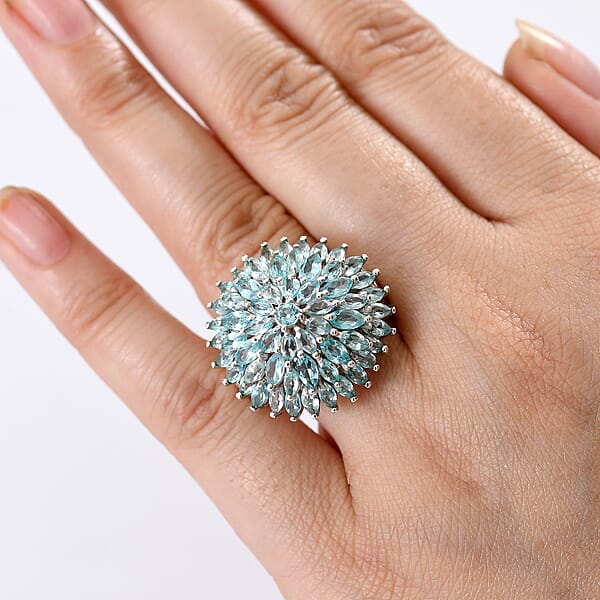 D'Joy Lagoon Apatite 5.85 Ctw Chrysanthemum Flower Ring In Rhodium Over Sterling Silver