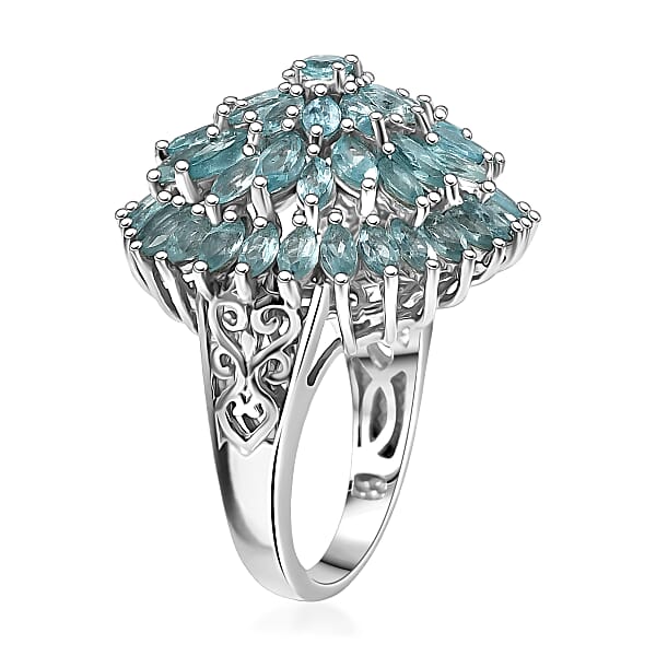 D'Joy Lagoon Apatite 5.85 Ctw Chrysanthemum Flower Ring In Rhodium Over Sterling Silver