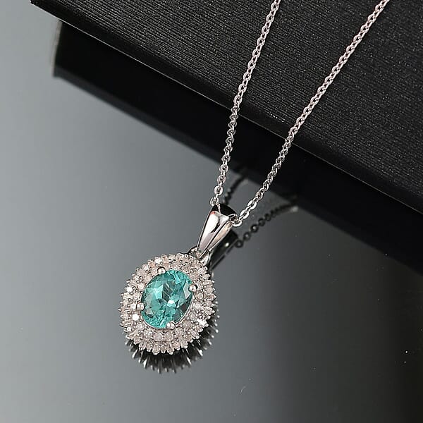 D'Joy Lagoon Apatite Diamond 1.55 Ctw Arctic Bloom Pendant Necklace 20 Inches In Rhodium Over Sterling Silver