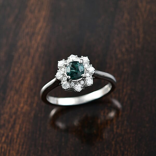 D'Joy Lagoon Tourmaline And Moissanite 0.75 Ctw Ring In Rhodium Over Sterling Silver