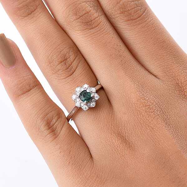 D'Joy Lagoon Tourmaline And Moissanite 0.75 Ctw Ring In Rhodium Over Sterling Silver