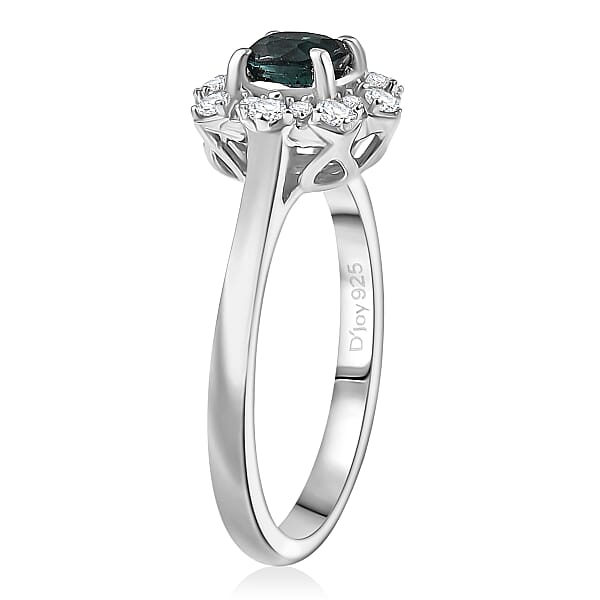D'Joy Lagoon Tourmaline And Moissanite 0.75 Ctw Ring In Rhodium Over Sterling Silver
