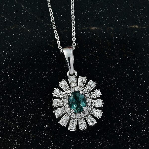 D'Joy Lagoon Tourmaline And Moissanite 1.10 Ctw Pendant Necklace In Rhodium Over Sterling Silver 20 Inches