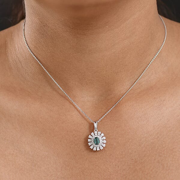 D'Joy Lagoon Tourmaline And Moissanite 1.10 Ctw Pendant Necklace In Rhodium Over Sterling Silver 20 Inches