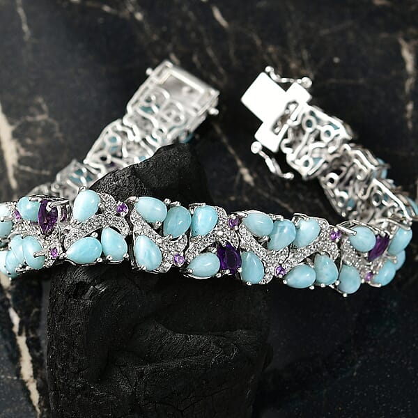 D'Joy Larimar And Multi Gemstone 31.00 Ctw Sea Waves Bracelet In Rhodium Over Sterling Silver (7.25 In)