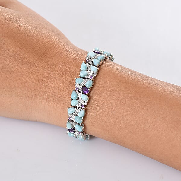 D'Joy Larimar And Multi Gemstone 31.00 Ctw Sea Waves Bracelet In Rhodium Over Sterling Silver (7.25 In)