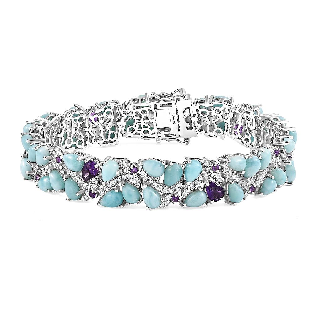 D'Joy Larimar and Multi Gemstone 31.00 ctw Sea Waves Bracelet in Rhodium Over Sterling Silver (7.25 In)
