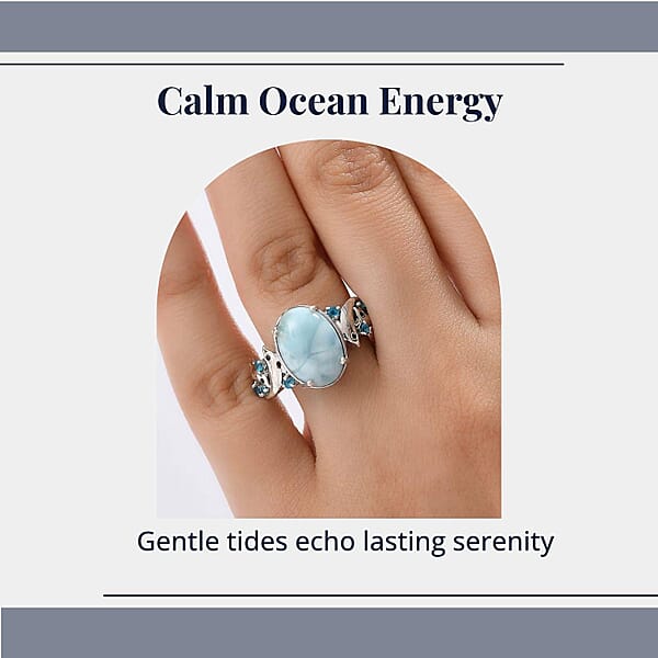 D'Joy Larimar And Multi Gemstone 7.35 Ctw Ocean’s Joy Whispering Ring In Rhodium Over Sterling Silver