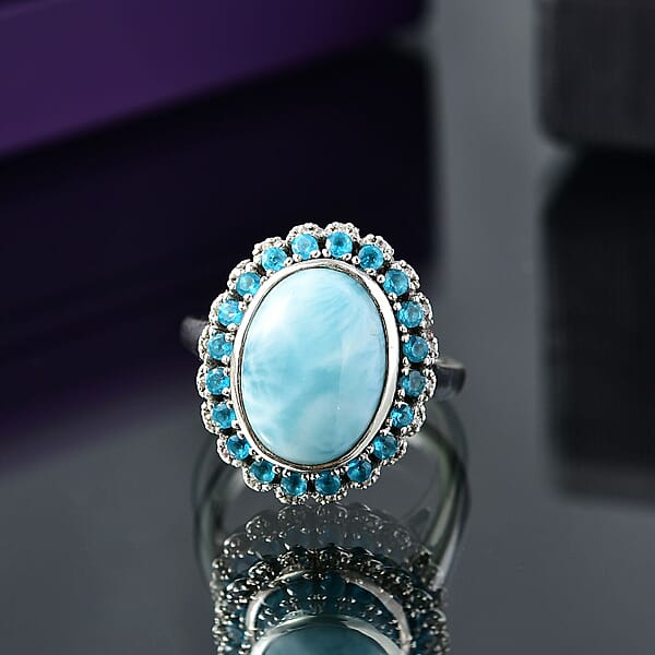 D'Joy Larimar And Multi Gemstone 7.80 Ctw Ocean's Halo Ring In Rhodium Over Sterling Silver