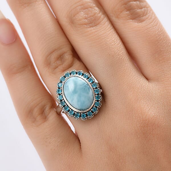 D'Joy Larimar And Multi Gemstone 7.80 Ctw Ocean's Halo Ring In Rhodium Over Sterling Silver