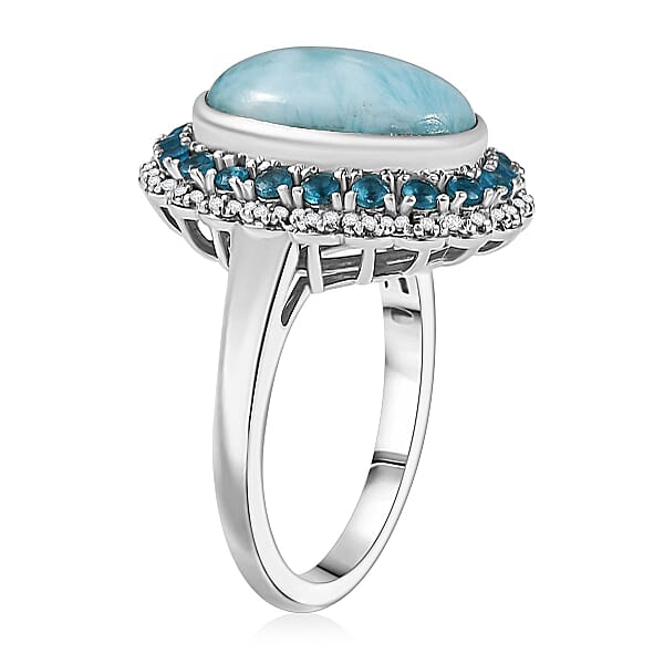 D'Joy Larimar And Multi Gemstone 7.80 Ctw Ocean's Halo Ring In Rhodium Over Sterling Silver