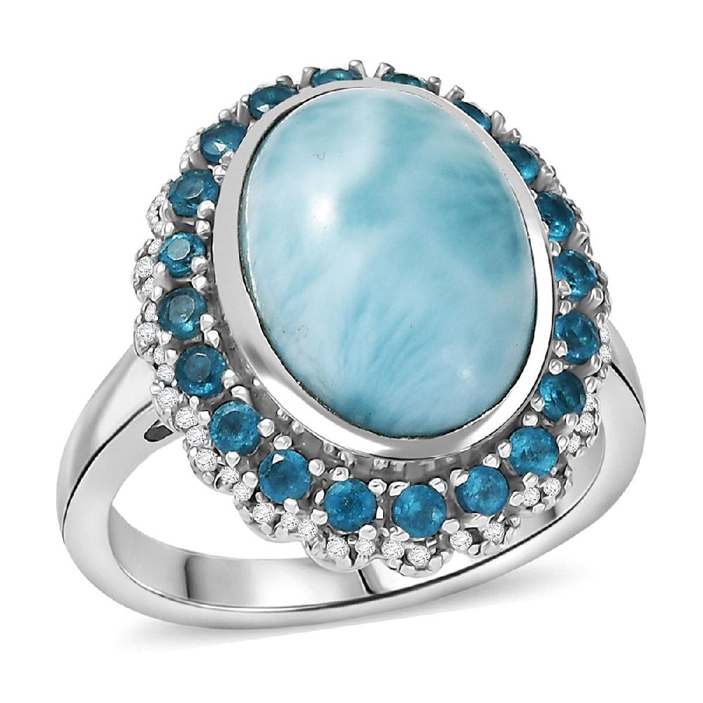 D'Joy Larimar and Multi Gemstone 7.80 ctw Ocean's Halo Ring in Rhodium Over Sterling Silver