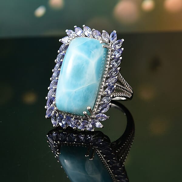 D'Joy Larimar And Tanzanite 20.80 Ctw Ocean Waves Ring In Rhodium Over Sterling Silver