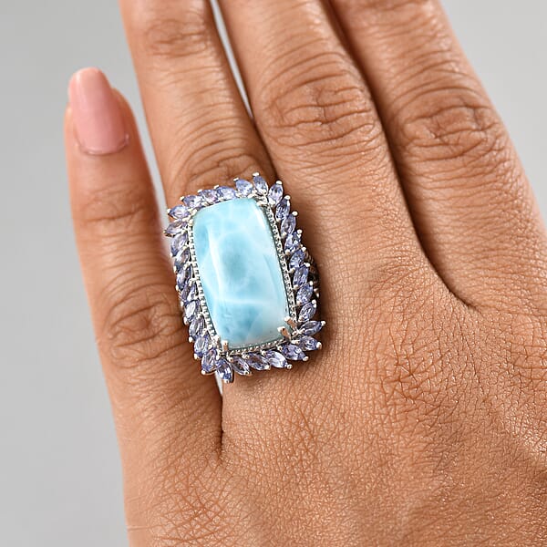 D'Joy Larimar And Tanzanite 20.80 Ctw Ocean Waves Ring In Rhodium Over Sterling Silver