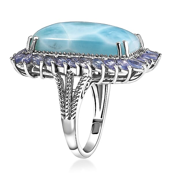 D'Joy Larimar And Tanzanite 20.80 Ctw Ocean Waves Ring In Rhodium Over Sterling Silver