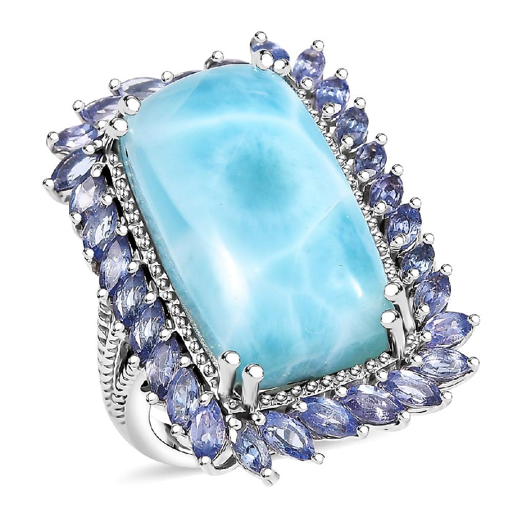 D'Joy Larimar and Tanzanite 20.80 ctw Ocean Waves Ring in Rhodium Over Sterling Silver