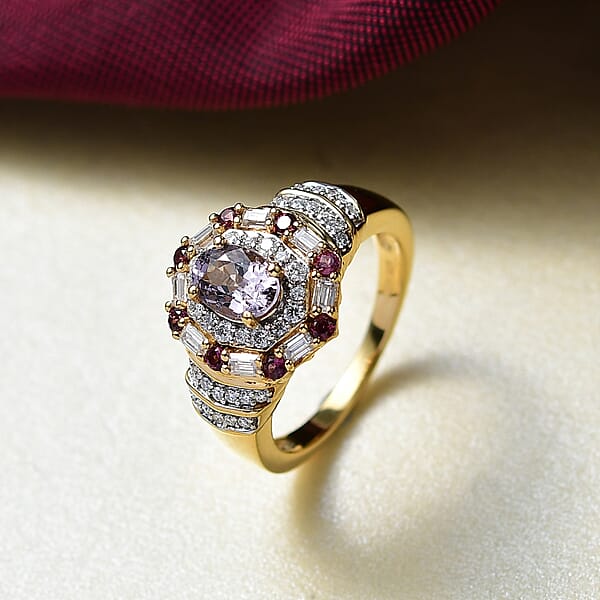 D'Joy Lavender Spinel Multi Gemstone Art Deco Ring In 18K Vermeil YG Over Sterling Silver 1.80 Ctw