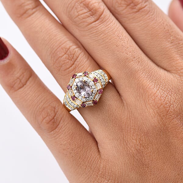 D'Joy Lavender Spinel Multi Gemstone Art Deco Ring In 18K Vermeil YG Over Sterling Silver 1.80 Ctw