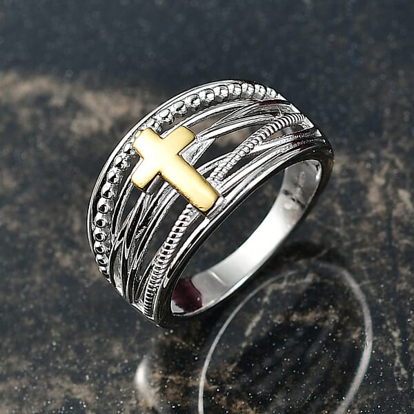 D'Joy Line Of Faith Ring In 18K Vermeil YG And Rhodium Over Sterling Silver 4.45 Grams