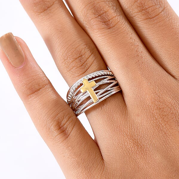 D'Joy Line Of Faith Ring In 18K Vermeil YG And Rhodium Over Sterling Silver 4.45 Grams