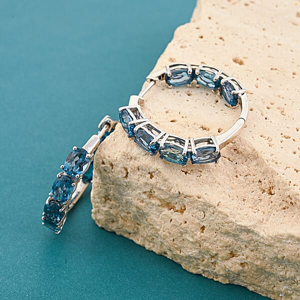 D'Joy London Blue Topaz 13.30 Ctw Hoop Earrings In Rhodium Over Sterling Silver