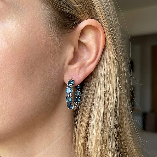D'Joy London Blue Topaz 13.30 Ctw Hoop Earrings In Rhodium Over Sterling Silver