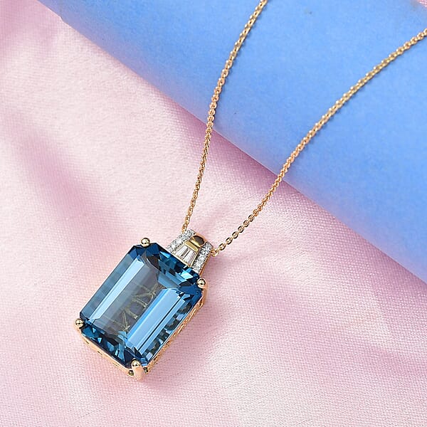 D'Joy London Blue Topaz And Moissanite 19.20 Ctw Midnight Elegance Pendant Necklace In 18K Vermeil Yellow Gold Over Sterling Silver 20 Inches