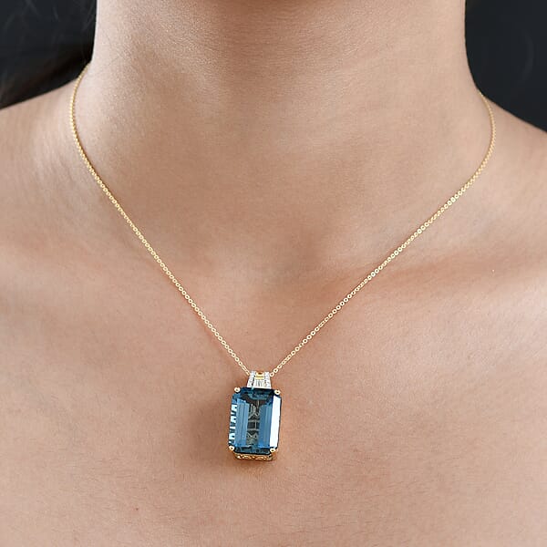 D'Joy London Blue Topaz And Moissanite 19.20 Ctw Midnight Elegance Pendant Necklace In 18K Vermeil Yellow Gold Over Sterling Silver 20 Inches