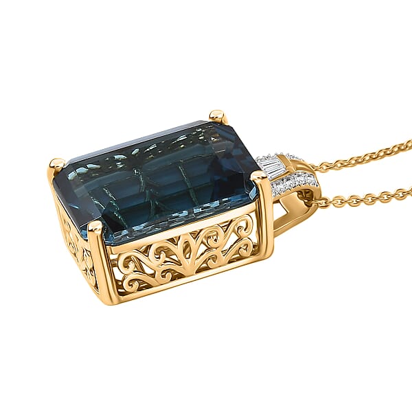 D'Joy London Blue Topaz And Moissanite 19.20 Ctw Midnight Elegance Pendant Necklace In 18K Vermeil Yellow Gold Over Sterling Silver 20 Inches