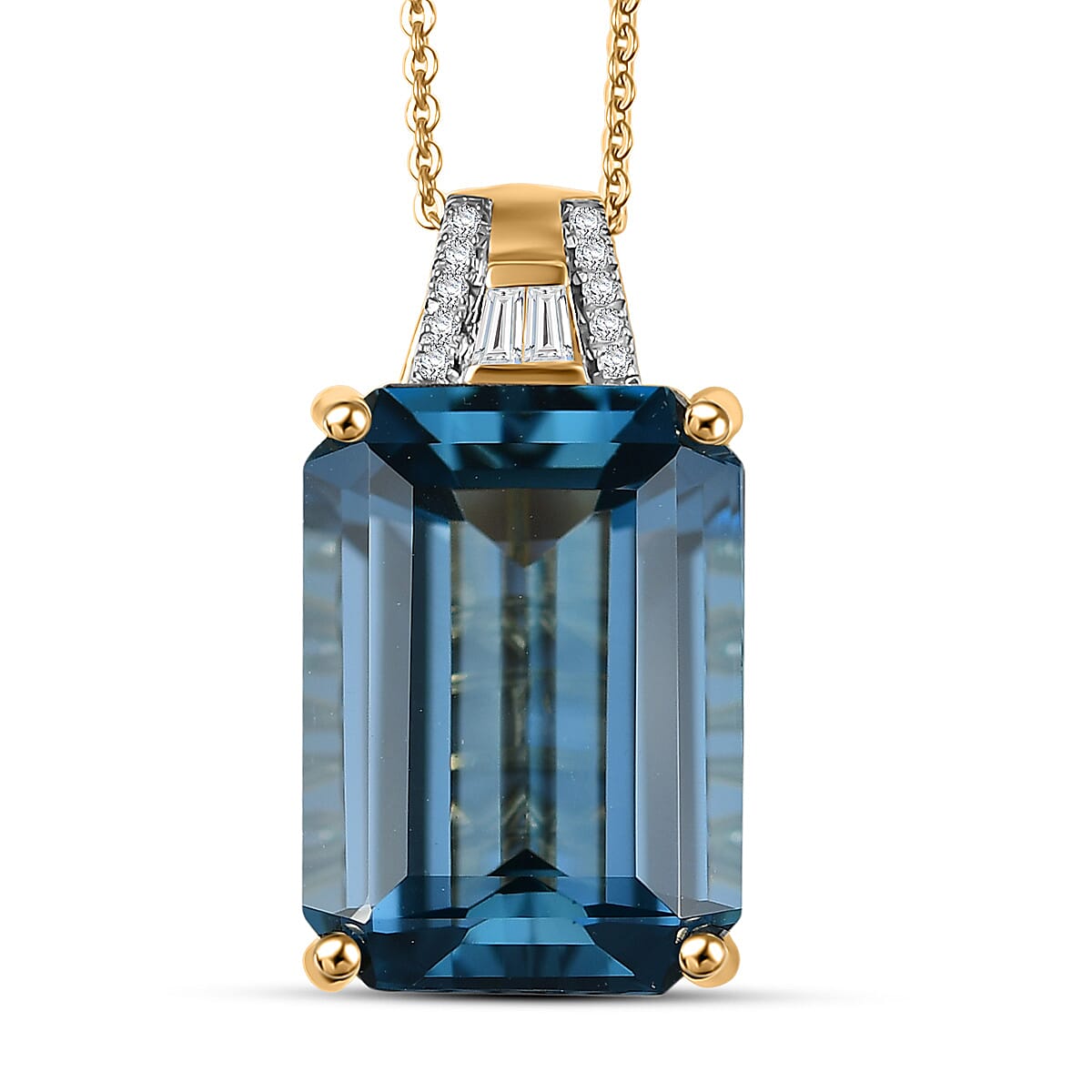 D'Joy London Blue Topaz and Moissanite 19.20 ctw Midnight Elegance Pendant Necklace in 18K Vermeil Yellow Gold Over Sterling Silver 20 Inches