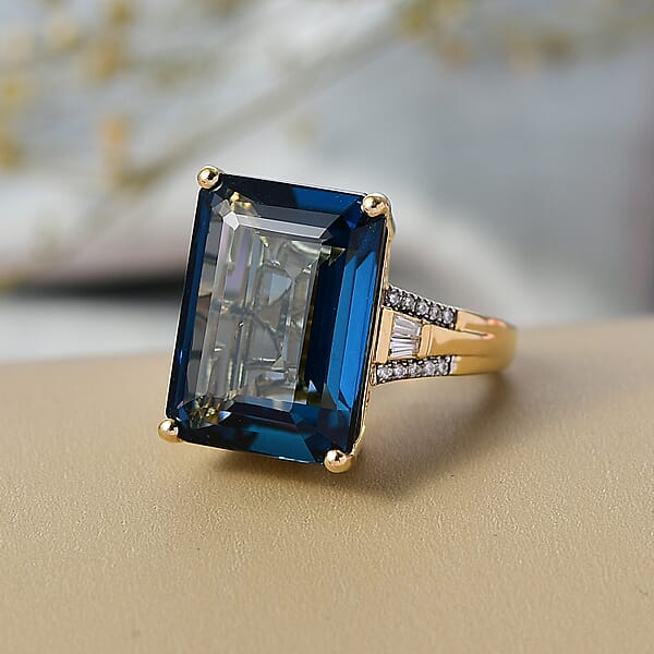 D'Joy London Blue Topaz And Moissanite 21.60 Ctw Midnight Elegance Ring In 18K Vermeil Yellow Gold Over Sterling Silver