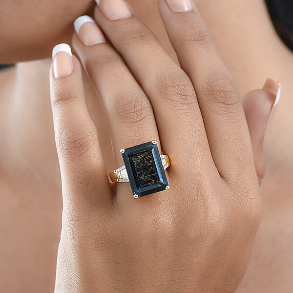 D'Joy London Blue Topaz And Moissanite 21.60 Ctw Midnight Elegance Ring In 18K Vermeil Yellow Gold Over Sterling Silver