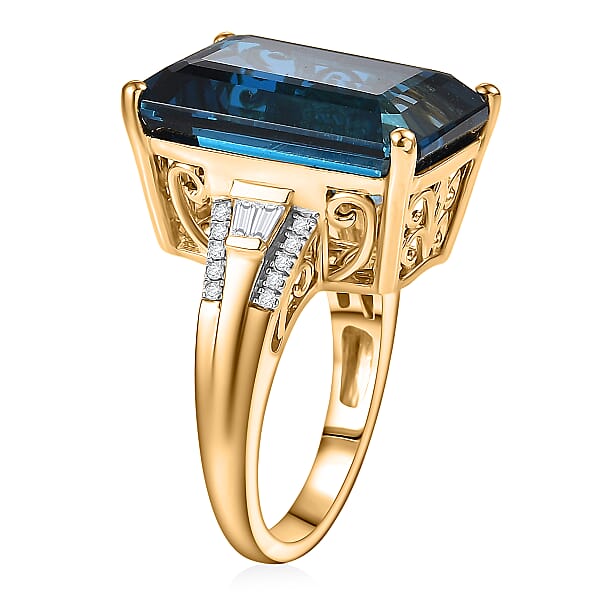 D'Joy London Blue Topaz And Moissanite 21.60 Ctw Midnight Elegance Ring In 18K Vermeil Yellow Gold Over Sterling Silver