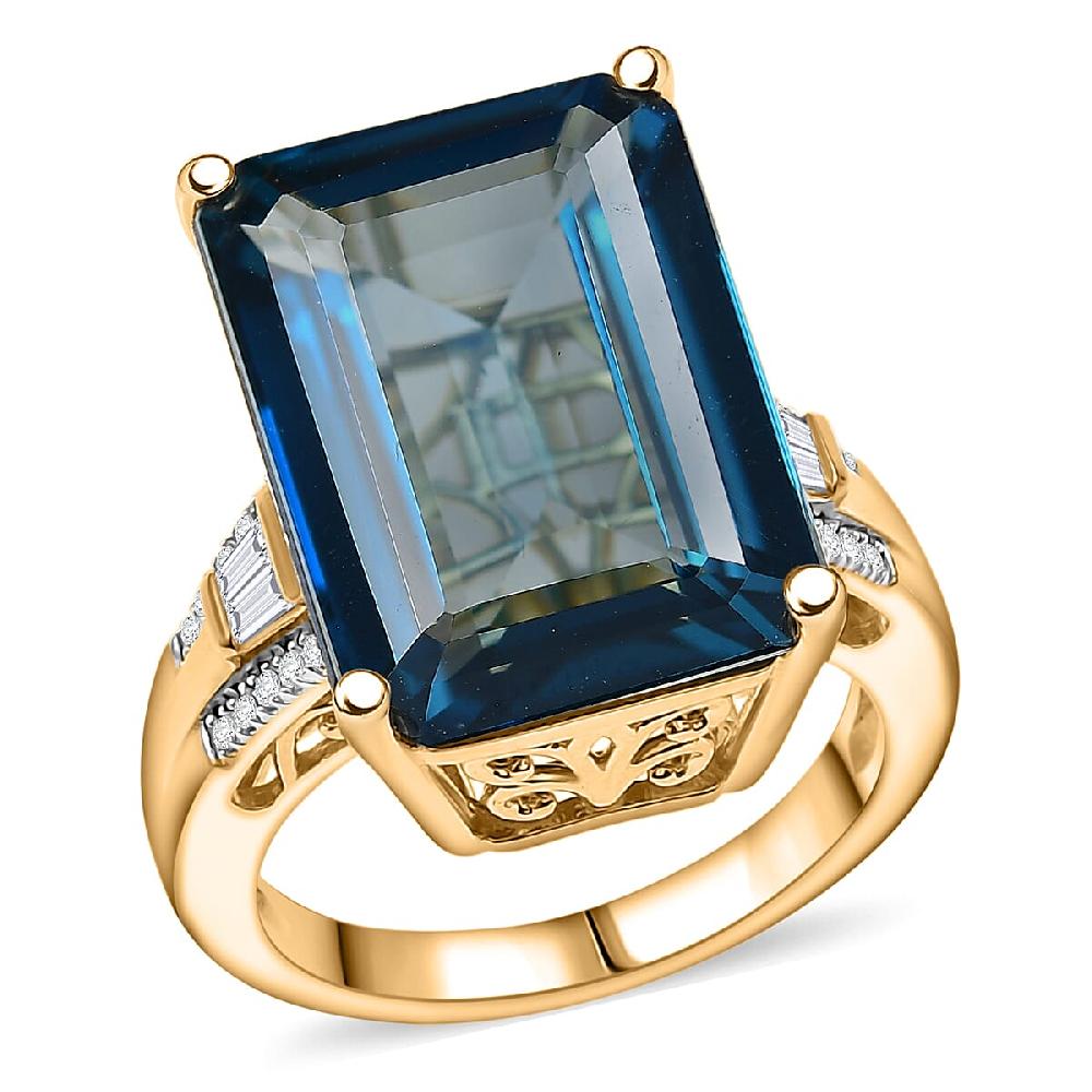 D'Joy London Blue Topaz and Moissanite 21.60 ctw Midnight Elegance Ring in 18K Vermeil Yellow Gold Over Sterling Silver