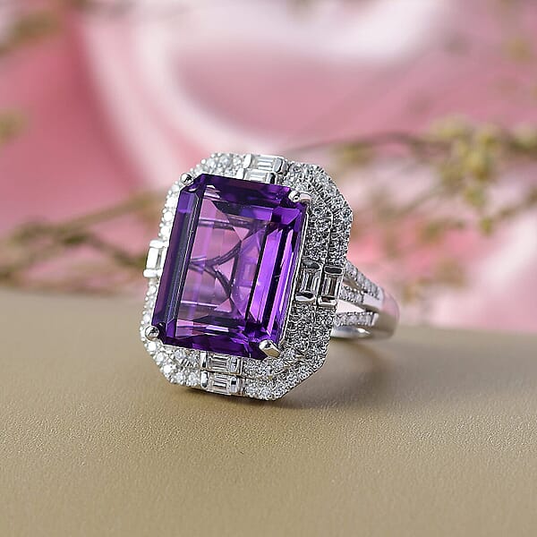 D'Joy Lusaka Amethyst And Moissanite 13.30 Ctw Crowned Oracle Ring In Rhodium Over Sterling Silver