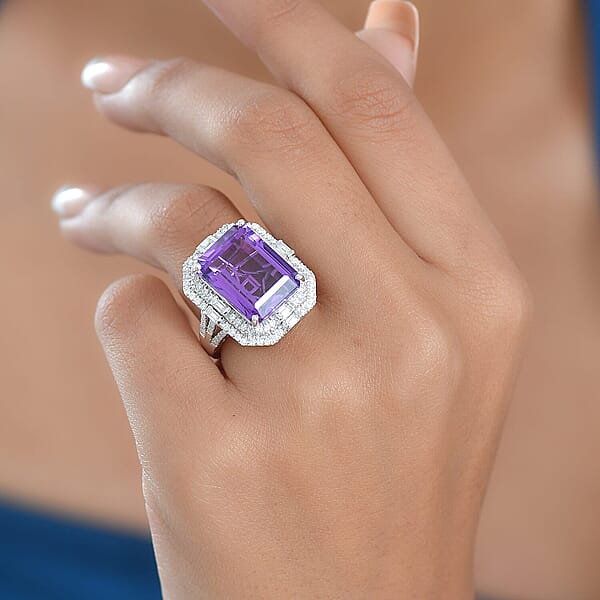 D'Joy Lusaka Amethyst And Moissanite 13.30 Ctw Crowned Oracle Ring In Rhodium Over Sterling Silver
