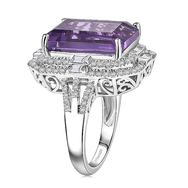 D'Joy Lusaka Amethyst And Moissanite 13.30 Ctw Crowned Oracle Ring In Rhodium Over Sterling Silver