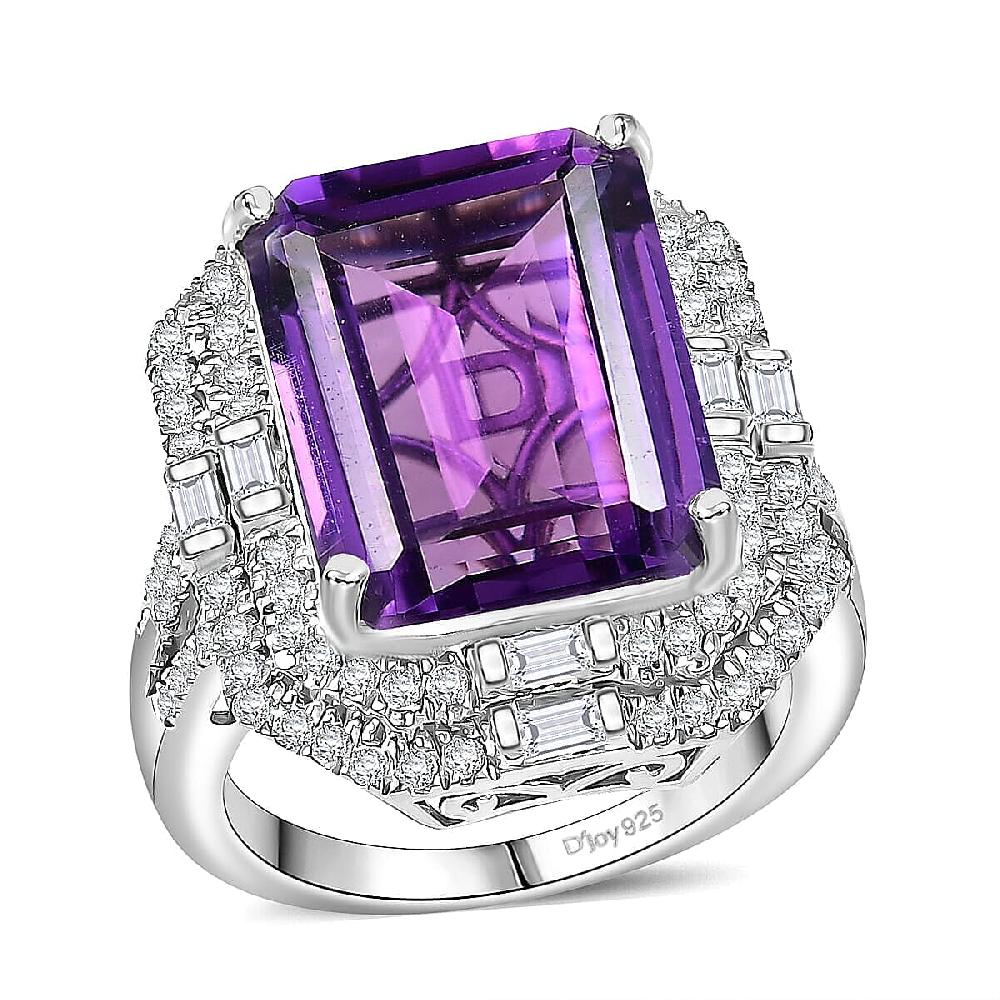 D'Joy Lusaka Amethyst and Moissanite 13.30 ctw Crowned Oracle Ring in Rhodium Over Sterling Silver