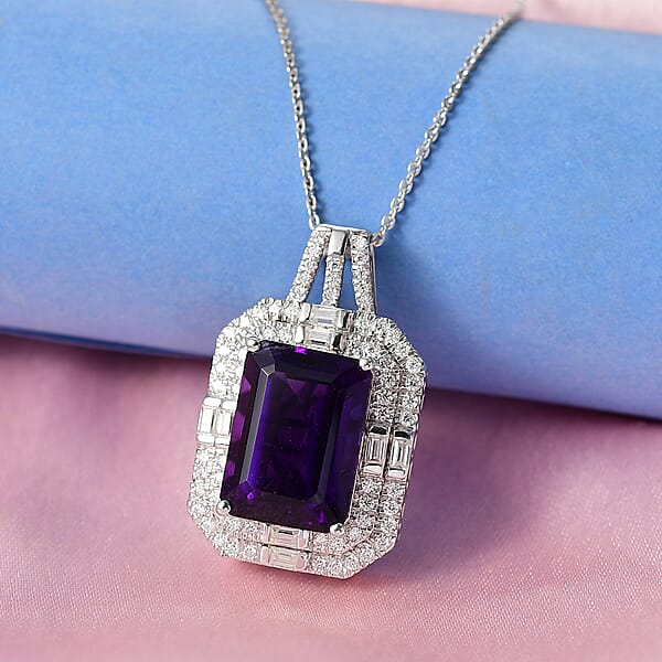 D'Joy Lusaka Amethyst Moissanite Pendant Necklace In Rhodium Over Sterling Silver 8.50 Ctw (20 Inches)
