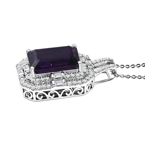D'Joy Lusaka Amethyst Moissanite Pendant Necklace In Rhodium Over Sterling Silver 8.50 Ctw (20 Inches)