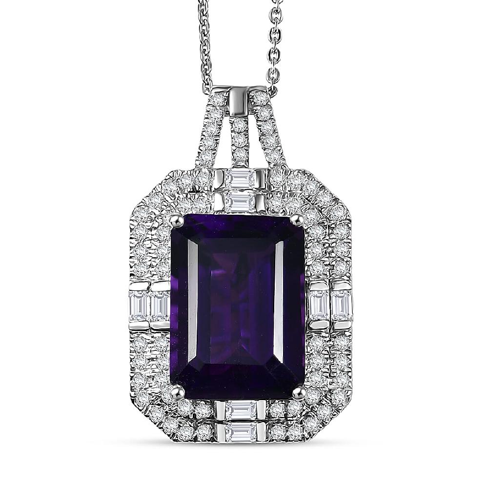 D'Joy Lusaka Amethyst Moissanite Pendant Necklace in Rhodium Over Sterling Silver 8.50 ctw (20 Inches)