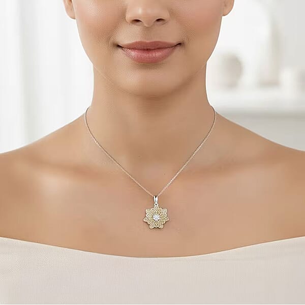 D'Joy Luxuriant Lab Grown Diamond And Lab Grown Yellow Diamond (IR) (SI) 0.50 Ctw Sunflower Radiance Pendant Necklace 20 Inches In Rhodium Over Sterling Silver