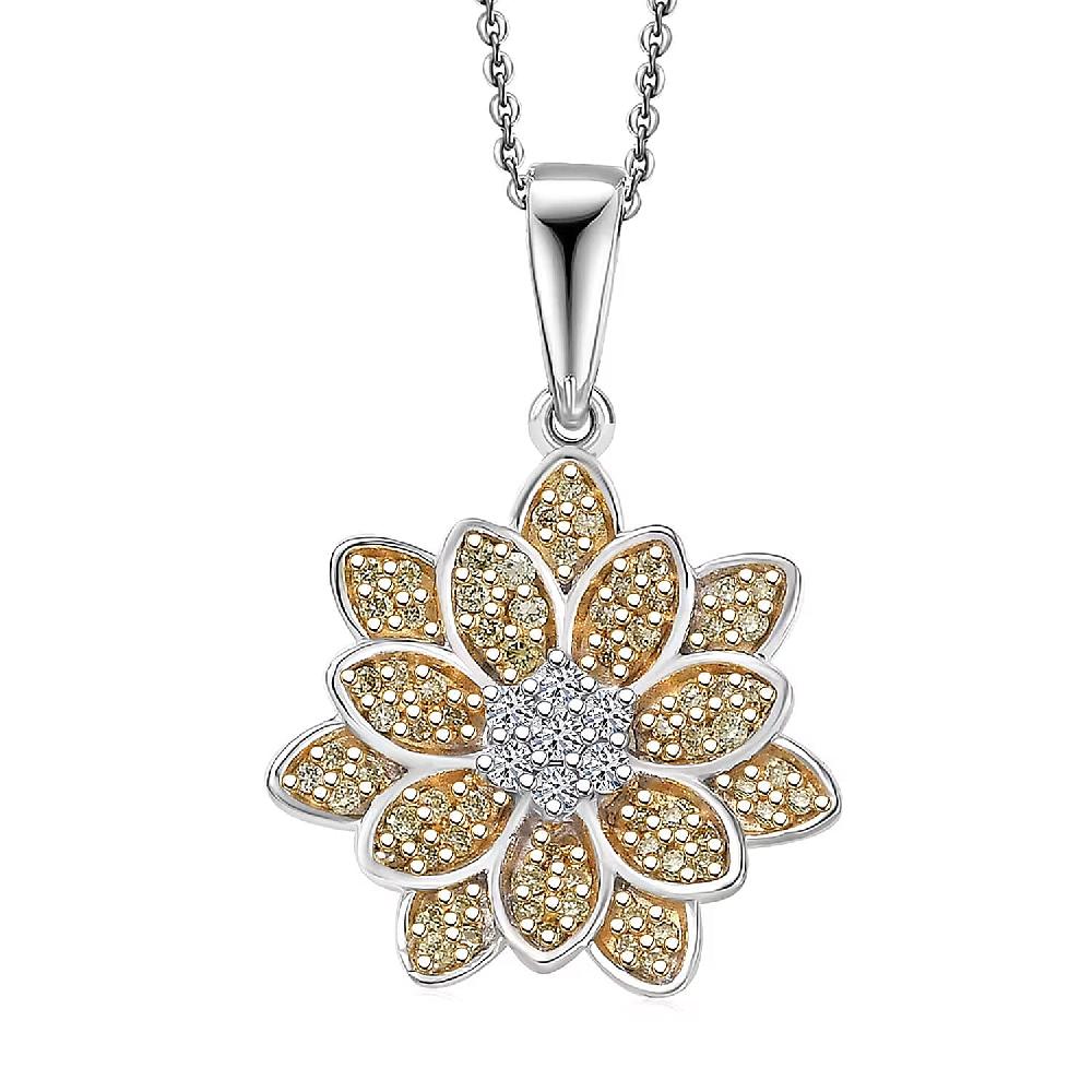 D'Joy Luxuriant Lab Grown Diamond and Lab Grown Yellow Diamond (IR) (SI) 0.50 ctw Sunflower Radiance Pendant Necklace 20 Inches in Rhodium Over Sterling Silver