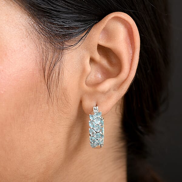 D'Joy Madagascar Blue Apatite Hoop Earrings In Rhodium Over Sterling Silver 6.10 Ctw