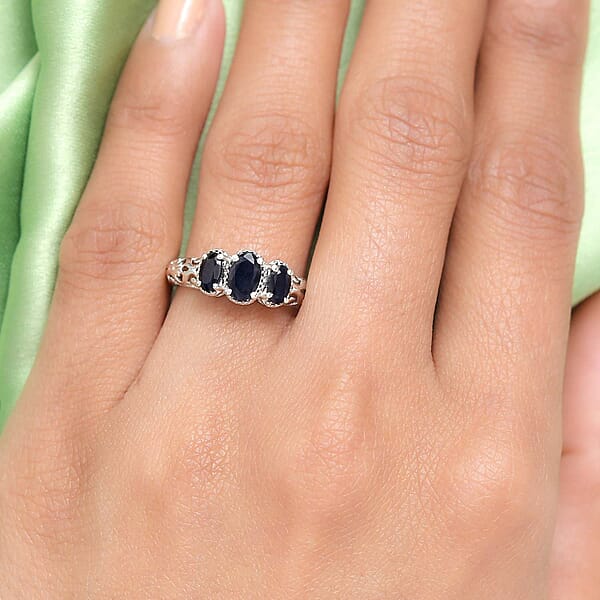 D'Joy Madagascar Blue Sapphire (DF) 1.25 Ctw 3 Stone Ring In Platinum Over Sterling Silver