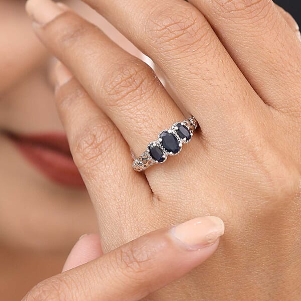 D'Joy Madagascar Blue Sapphire (DF) 1.25 Ctw 3 Stone Ring In Platinum Over Sterling Silver