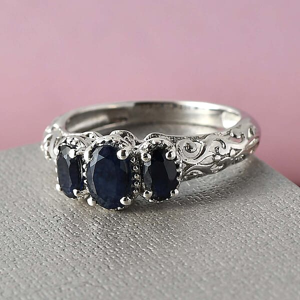 D'Joy Madagascar Blue Sapphire (DF) 1.25 Ctw 3 Stone Ring In Platinum Over Sterling Silver