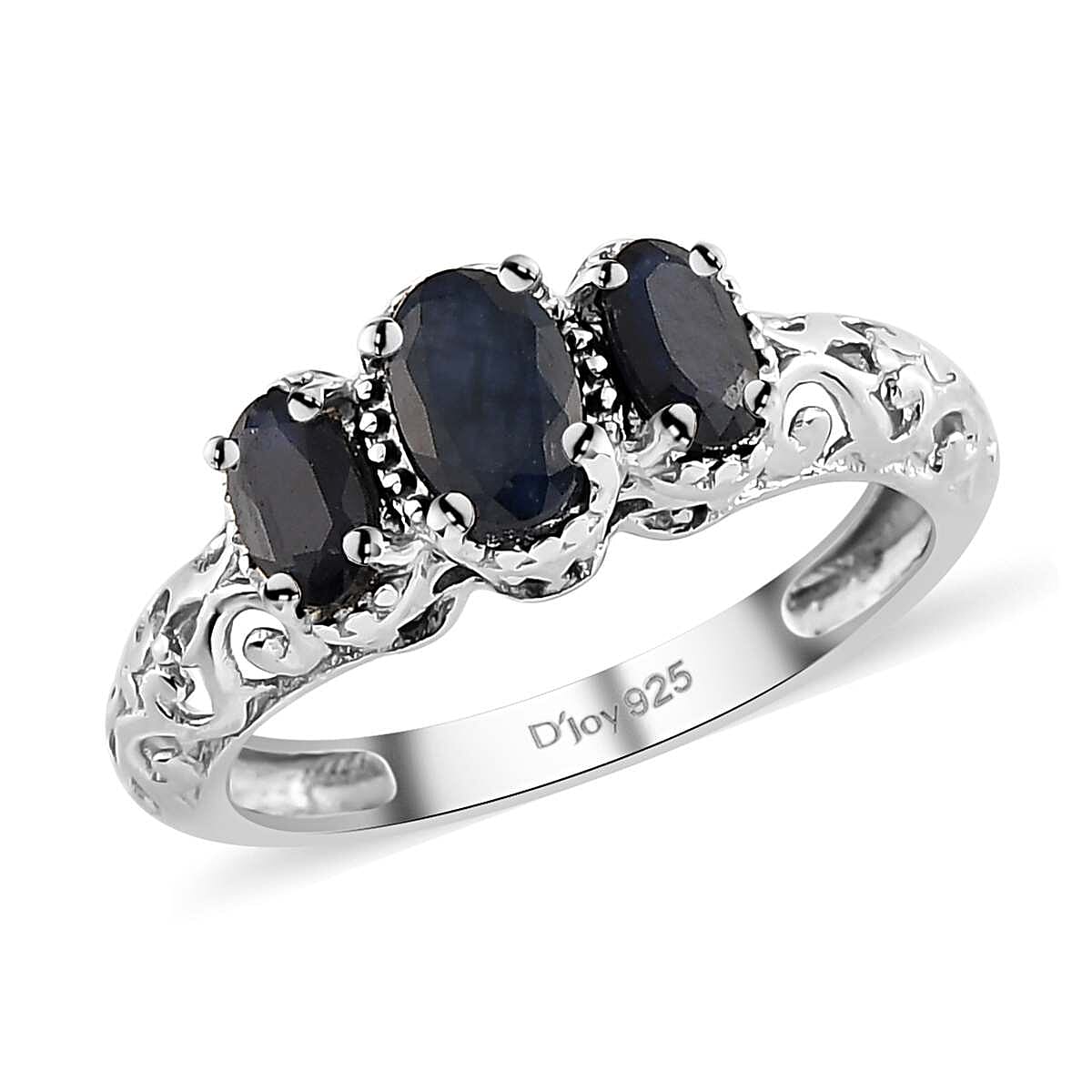 D'Joy Madagascar Blue Sapphire (DF) 1.25 ctw 3 Stone Ring in Platinum Over Sterling Silver