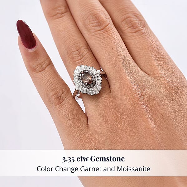 D'Joy Madagascar Color Change Garnet And Moissanite 3.35 Ctw Starburst Elegance Ring In Rhodium Over Sterling Silver